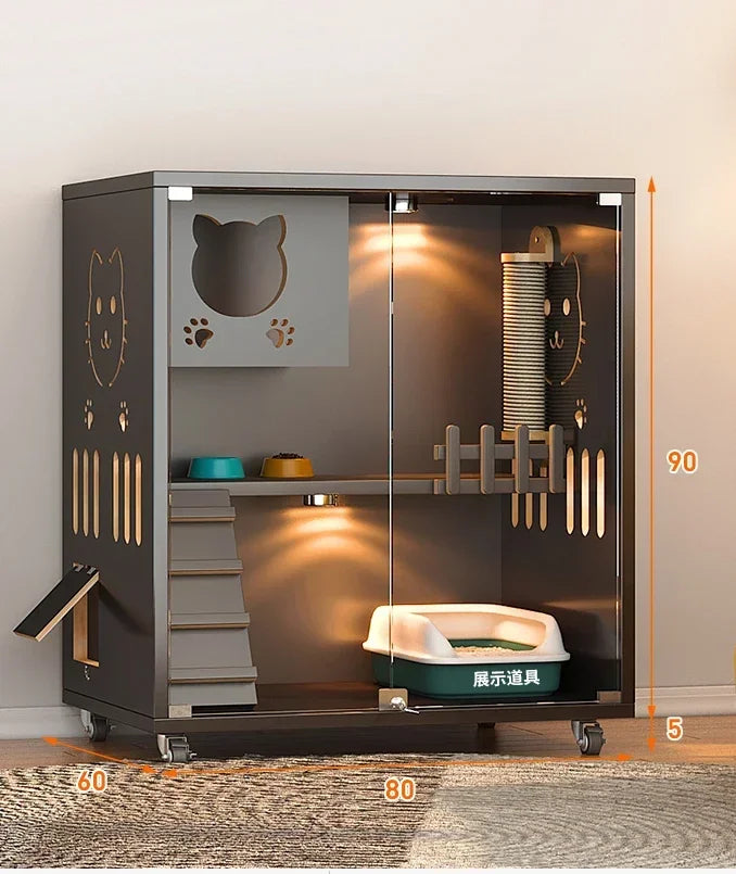 Retro Solid Wood Cat Cage for Living Room Cat House Two-layer One-piece Movable Light Luxury Creative Household Cage for Cats