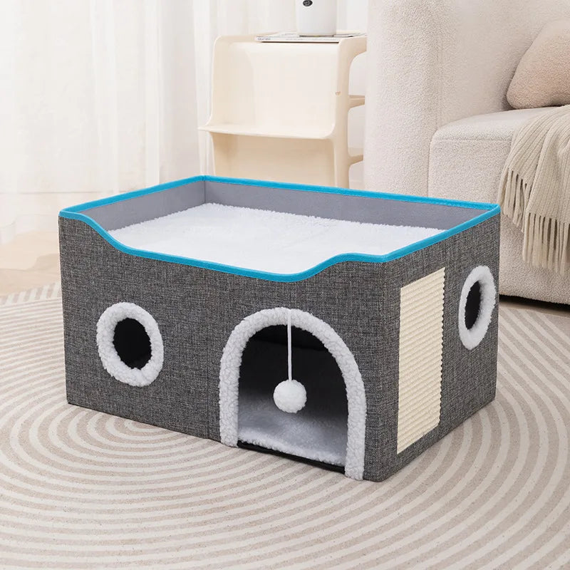 Cat House for Indoor Cat Bed Cave with Fluffy Ball Scratch Pad Foldable Cat Hideaway Covered for Multi Small Pet Large Kitty