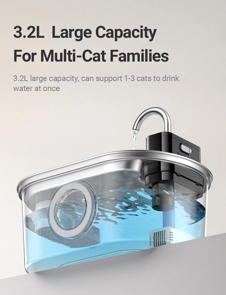 3.2L Stainless Steel Cat Water Fountain Wireless 4000mAh Smart Automatic Dog Water Dispenser Drinking Fountain