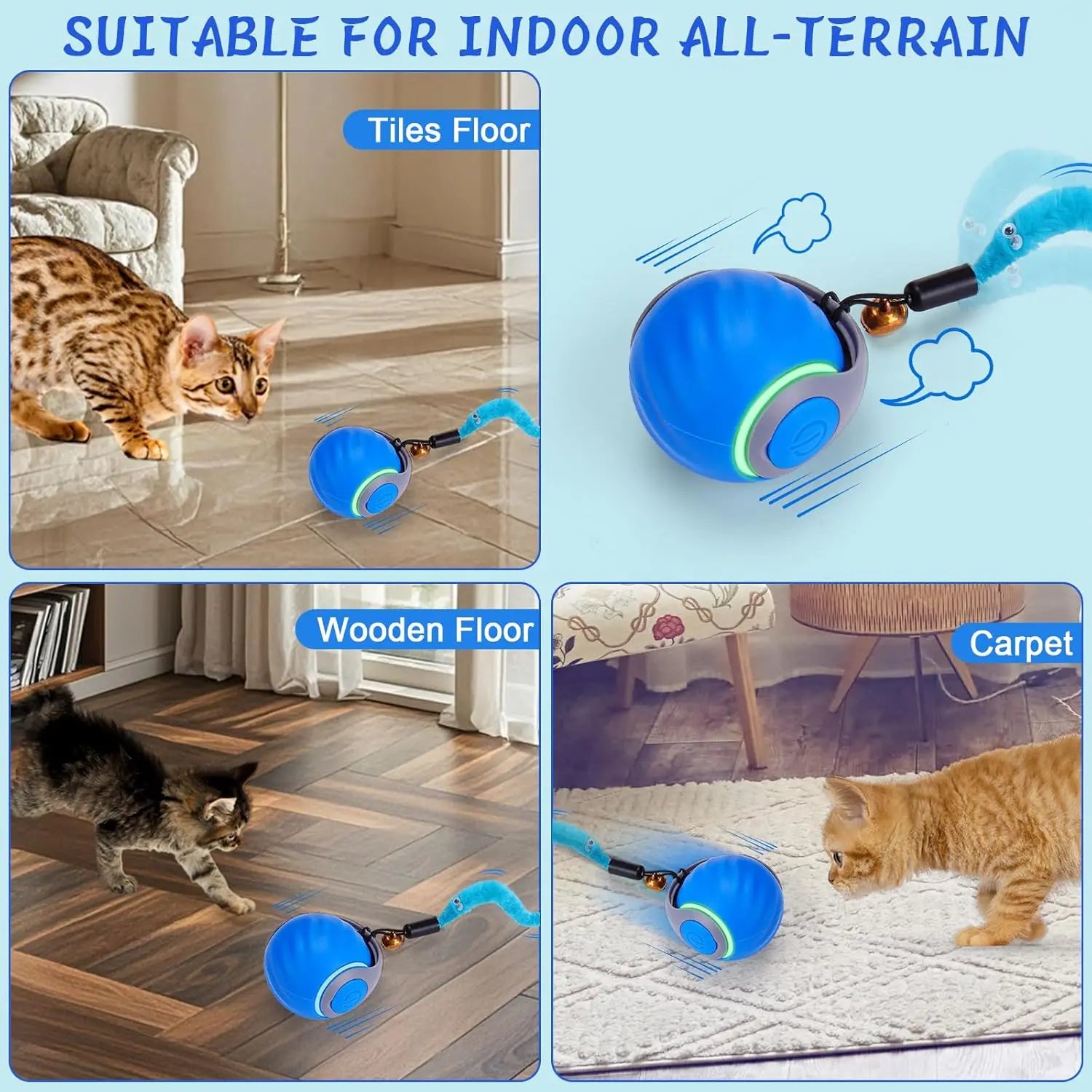 Automatic Interactive Cat Toy Ball for Indoor Cat Toys with 3 Tails 2 Speeds Rechargeable Rolling Ball for Cats with Bird Sound