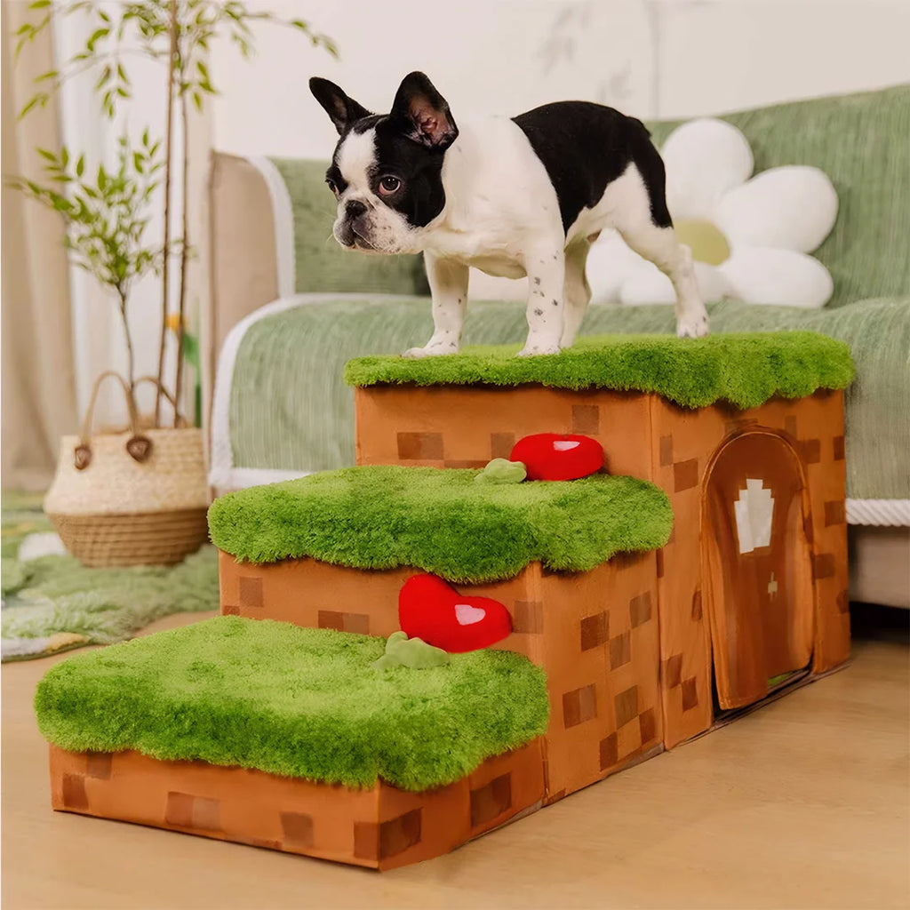 Luxury Retro Pixel 3-Step 2-Step Foldable Dog Steps Handcrafted Non-slip PawGame Blocky Design with Storage for Small Dogs Cats