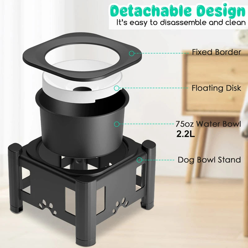 Stainless Steel Elevated Dog Bowls Adjustable Raised Pet Water Bowl Non-Slip Puppy Cat Slow Water Feeder 2.2L/75oz No Wet Mouth