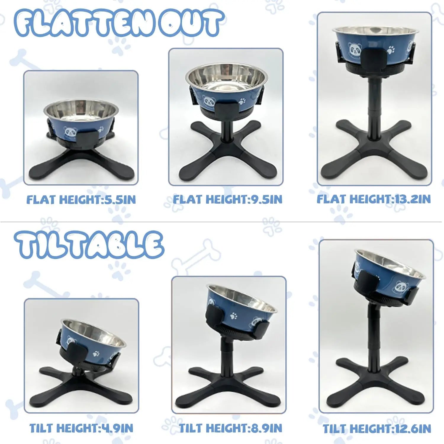 Adjustable Non-Slip Raised Dog Bowl Portable Collapsible Tilted Feeding Stand for Medium and Large Breeds 3 Heights