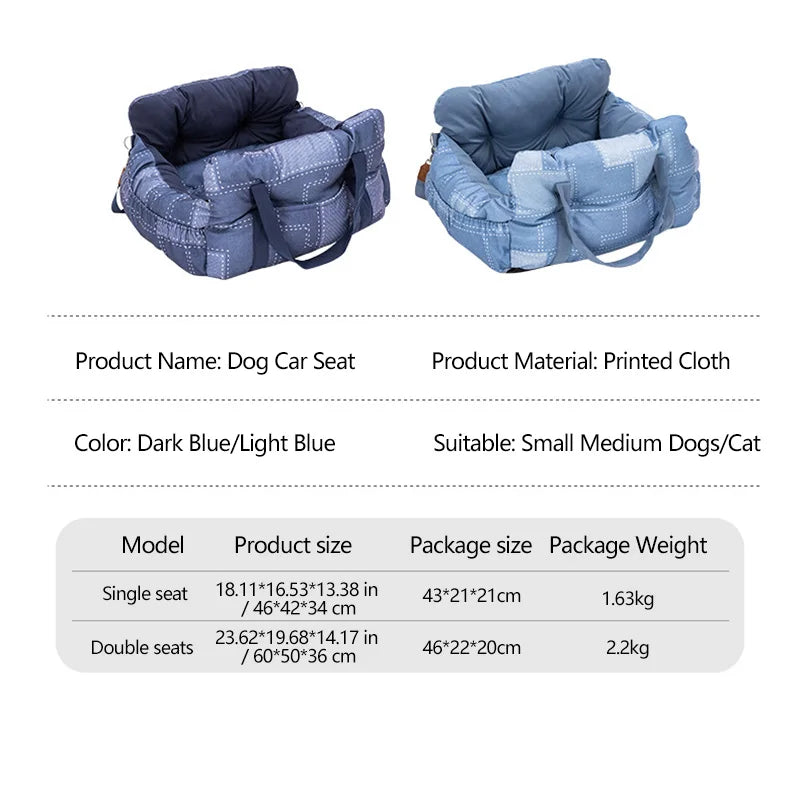 Travel Safety Bolster Vintage Denim Patchwork Dog Car Seat Bed with Safety Buckle Customized LOGO Luxury Dog Beds Pet Car Seat