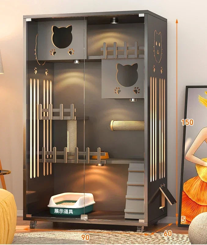 Retro Solid Wood Cat Cage for Living Room Cat House Two-layer One-piece Movable Light Luxury Creative Household Cage for Cats