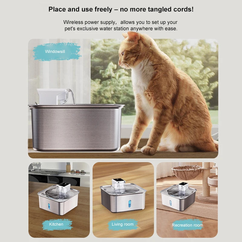 7L/236oz Wireless Cat Water Fountain Stainless Steel Quiet Dog Water Fountain with Motion Sensor Smart Multi-Pet Water Dispenser