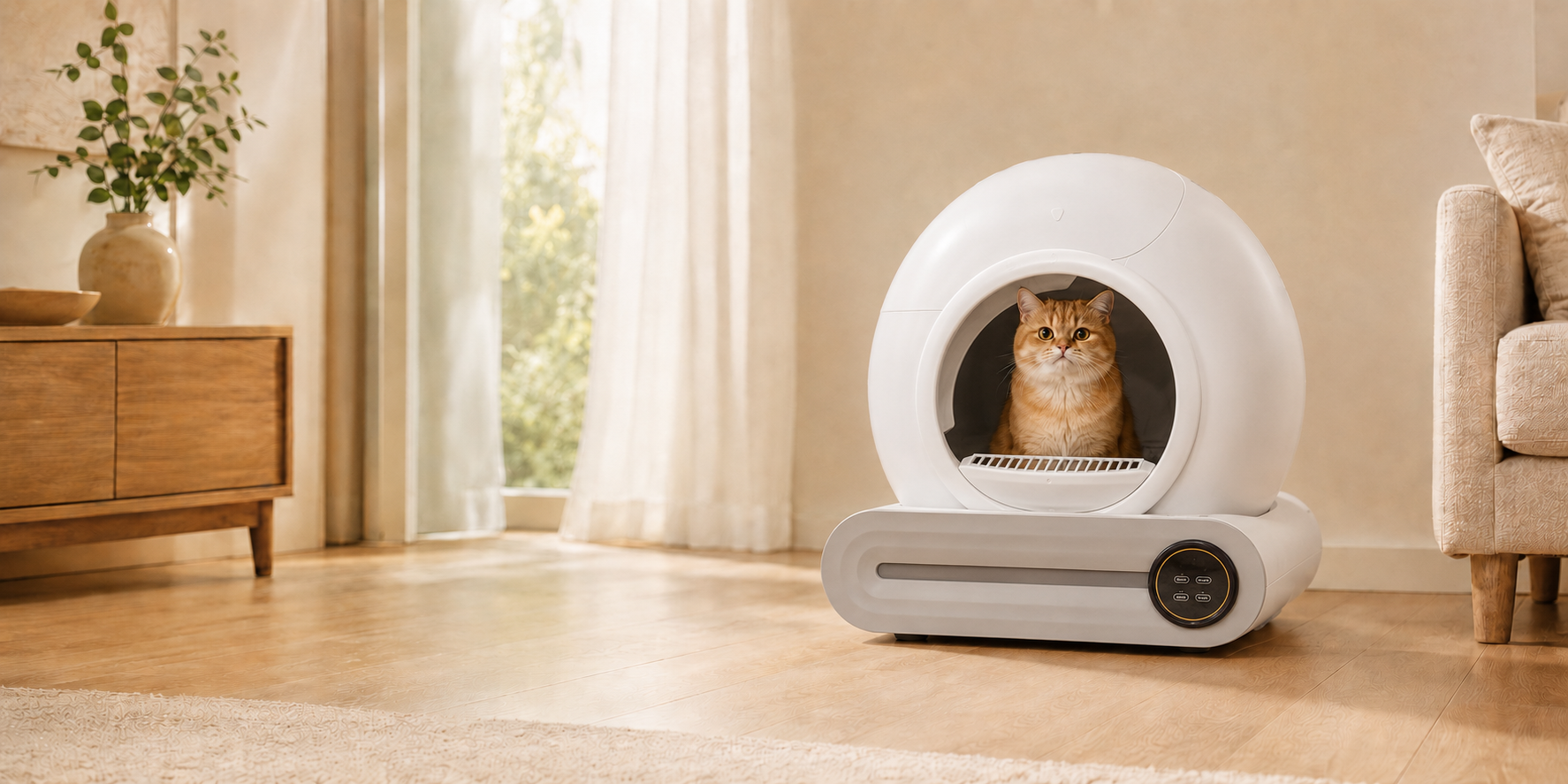 Vemiloa automatic self-cleaning cat litter box in a warm modern home