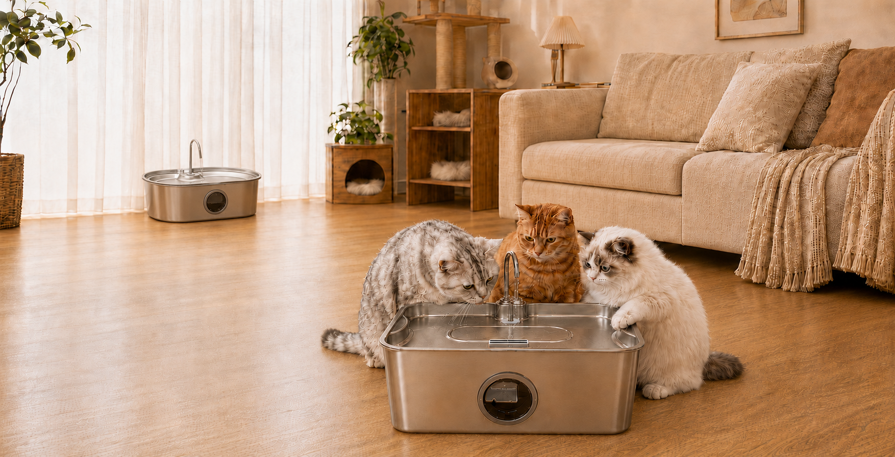 Large-capacity stainless steel cat water fountains for multi-cat homes